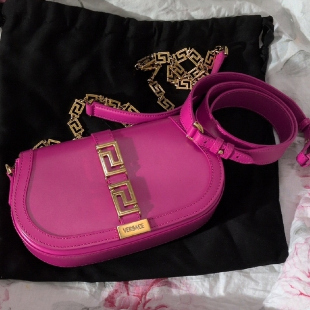VERSACE fuchsia Pink Leather Chain Crossbody/Saddle Bag 👜 - Picture 5 of 13
